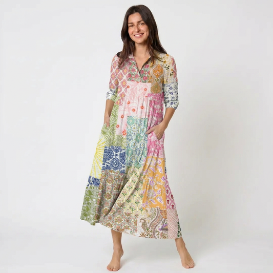 Colorful Bohemian Patchwork Print Midi Dress For Women With Pockets
