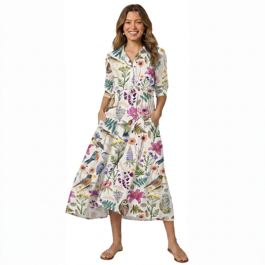 V Neck Collared Whimsical Woodland Birds Wildflowers Print Casual Midi Dress With Pockets