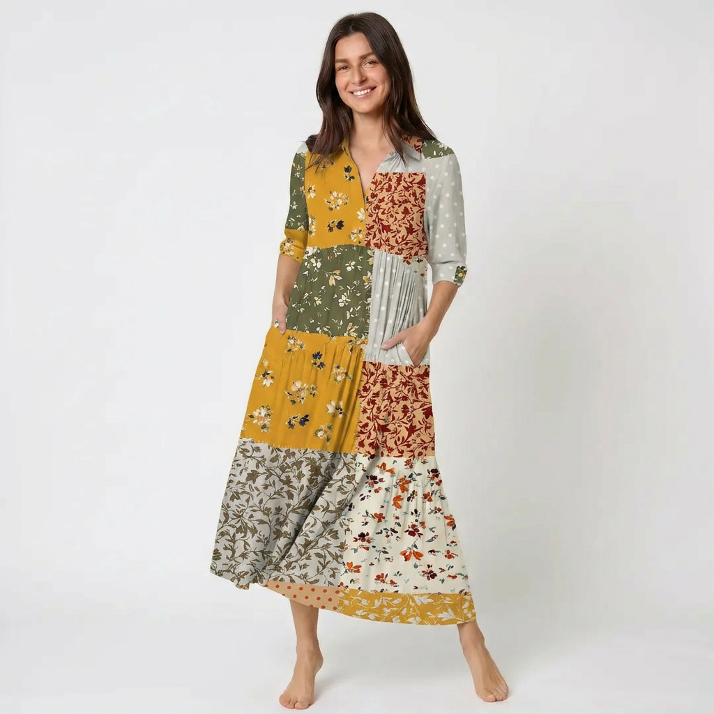 V Neck Collared Rustic Floral Patchwork Print Casual Midi Dress With Pockets