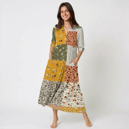 V Neck Collared Rustic Floral Patchwork Print Casual Midi Dress With Pockets