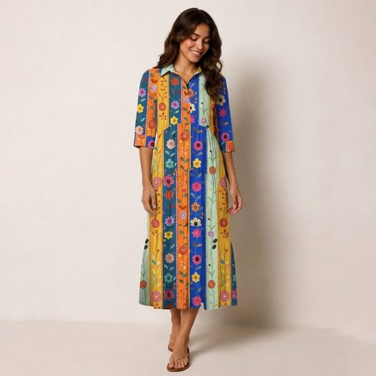 V Neck Collared Rainbow Garden Colorblock Print Casual Midi Dress With Pockets