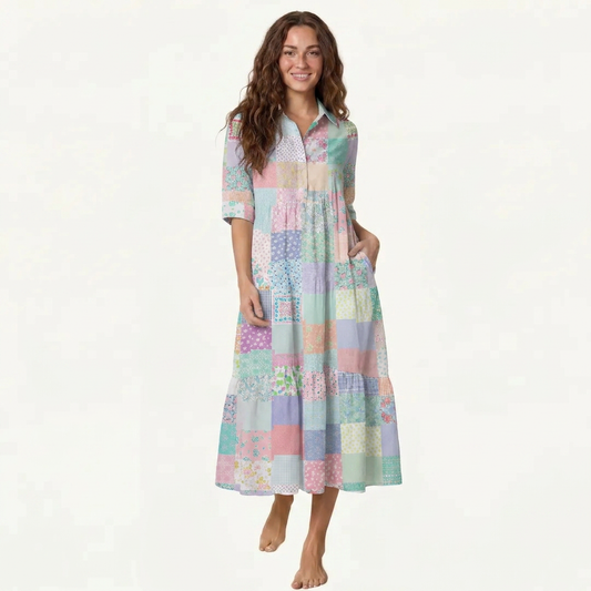 Vintage Quilt Patchwork Midi Dress For Women With Pockets