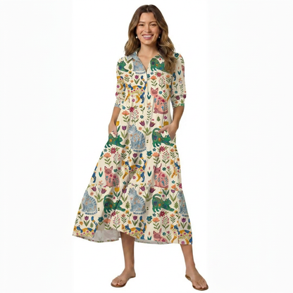 Cute Flower Cat Print Midi Dress For Women With Pockets