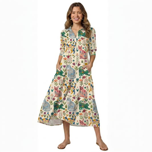 Cute Flower Cat Print Midi Dress For Women With Pockets