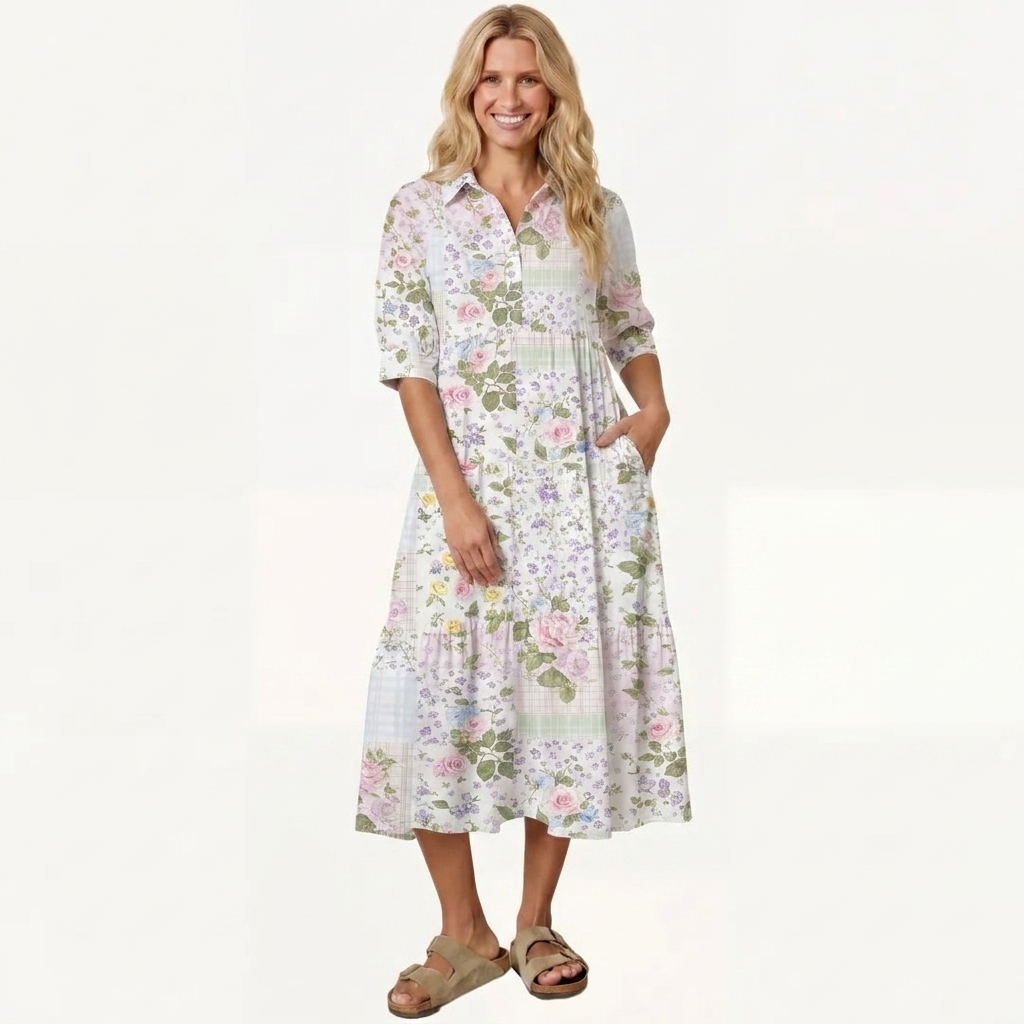 V Neck Collared Pastel Rose Casual Midi Dress With Pockets