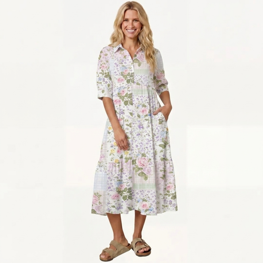 V Neck Collared Pastel Rose Casual Midi Dress With Pockets