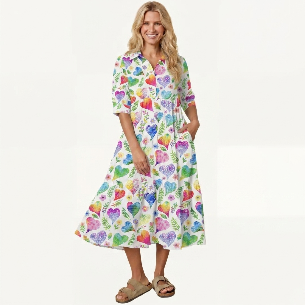 V Neck Collared Colorful Doodle Love Pattern Print Casual Midi Dress With Pockets