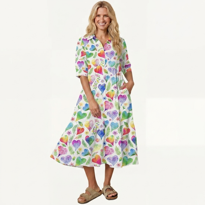 V Neck Collared Colorful Doodle Love Pattern Print Casual Midi Dress With Pockets