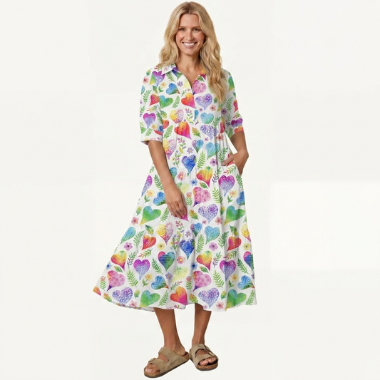 V Neck Collared Colorful Doodle Love Pattern Print Casual Midi Dress With Pockets
