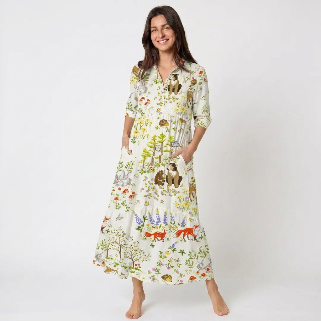 V Neck Collared Whimsical Forest Animals Print Casual Midi Dress With Pockets