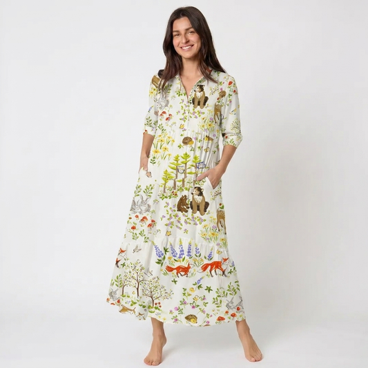 V Neck Collared Whimsical Forest Animals Print Casual Midi Dress With Pockets