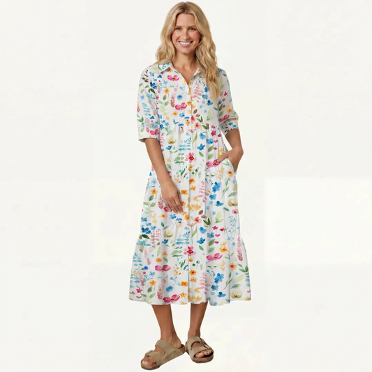 V Neck Collared Wildflower Dream Print Casual Midi Dress With Pockets