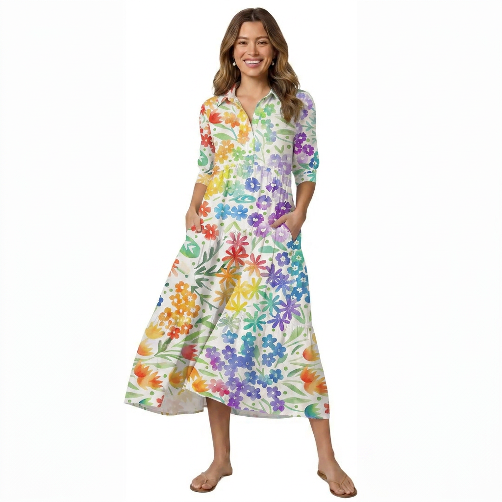 V Neck Collared Fun Rainbow Print Casual Midi Dress With Pockets