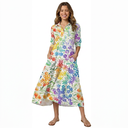 V Neck Collared Fun Rainbow Print Casual Midi Dress With Pockets