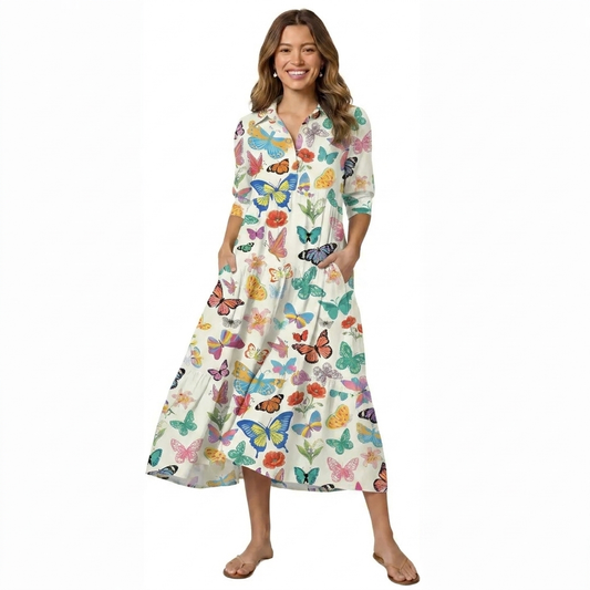 V Neck Collared Rainbow Butterfly Garden Print Casual Midi Dress With Pockets