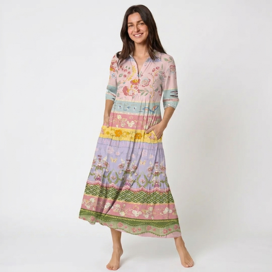 V Neck Collared Romantic Floral Ribbon Stripes Print Casual Midi Dress With Pockets