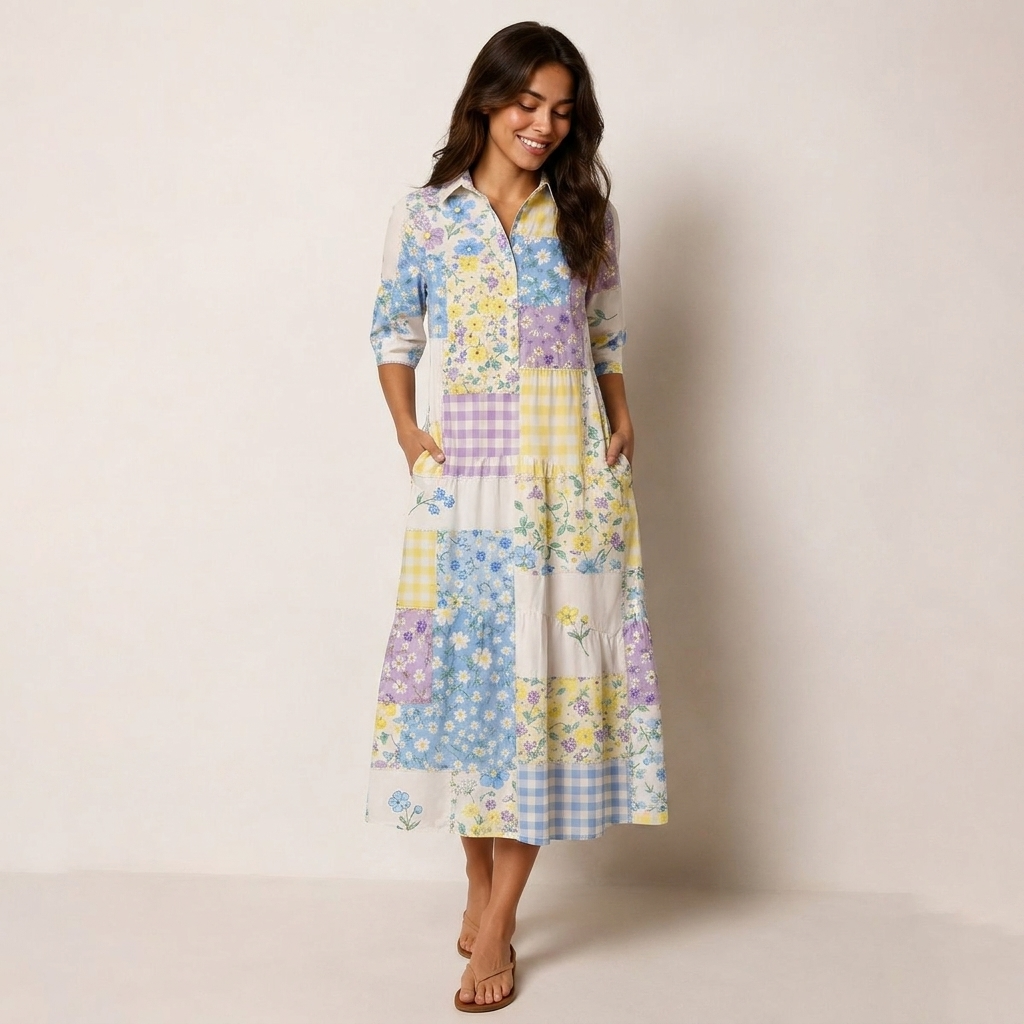 Floral Meadow Patchwork Midi Dress For Women With Pockets