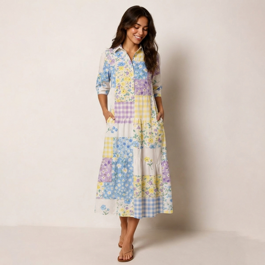 Floral Meadow Patchwork Midi Dress For Women With Pockets