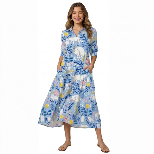 Blue Leaf Cat Midi Dress For Women With Pockets