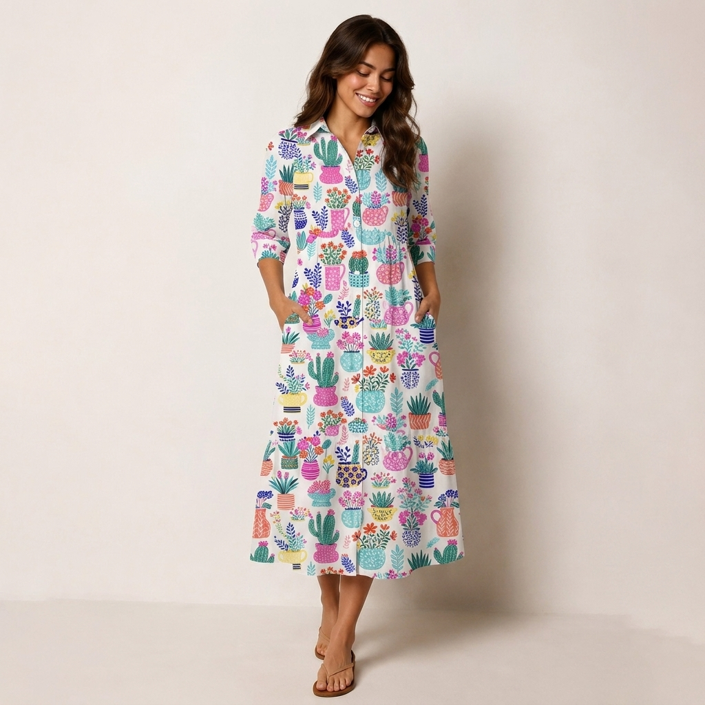 V Neck Collared Cactus and Flowers Casual Midi Dress With Pockets