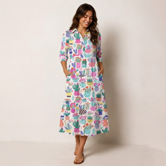 V Neck Collared Cactus and Flowers Casual Midi Dress With Pockets