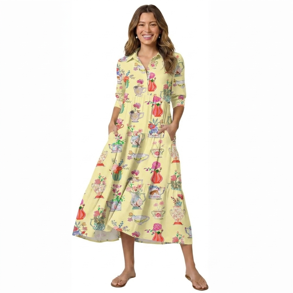 V Neck Collared Colorful Flower Vase Print Casual Midi Dress With Pockets