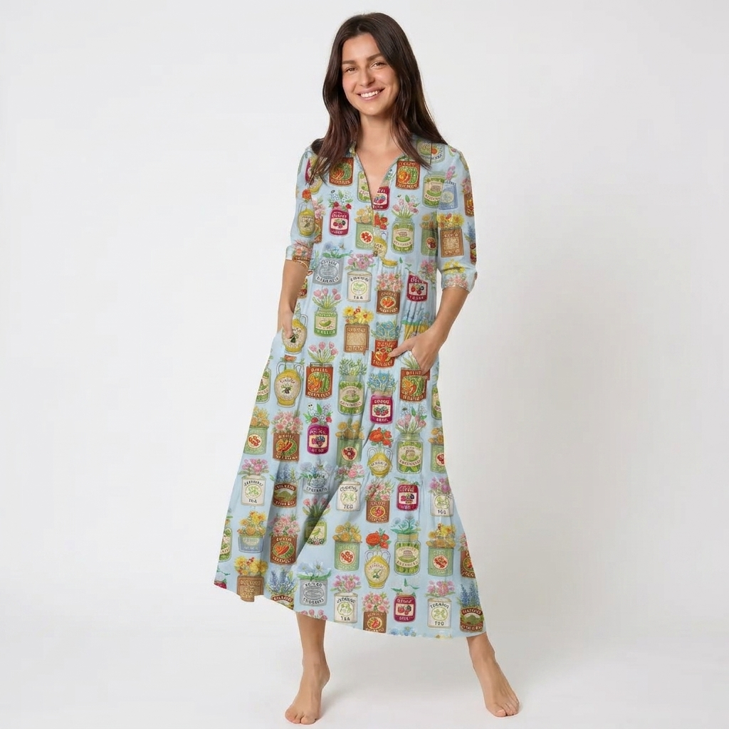 V Neck Collared Vintage Pantry Label Print Casual Midi Dress With Pockets