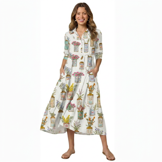 V Neck Collared Colorful Vintage Tea Cans Print Casual Midi Dress With Pockets
