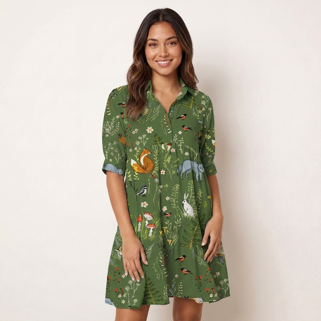 V Neck Collared Whimsical Woodland Animals Mini Dress For Women With Pockets