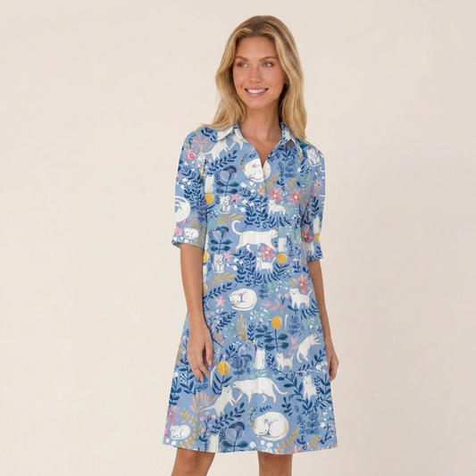V Neck Collared Blue Leaf Cat Mini Dress For Women With Pockets