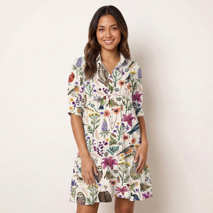 V Neck Collared Whimsical Woodland Birds Wildflowers Print Mini Dress For Women With Pockets