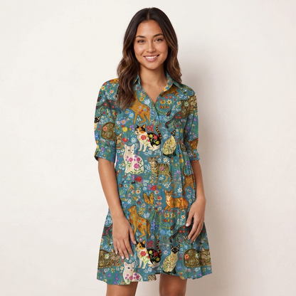 V Neck Collared Colorful Garden Cat Mini Dress For Women With Pockets