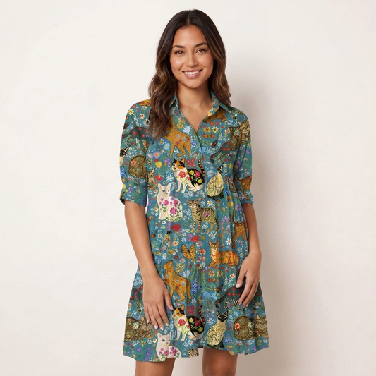 V Neck Collared Colorful Garden Cat Mini Dress For Women With Pockets
