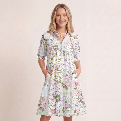 V Neck Collared Pastel Rose Mini Dress For Women With Pockets