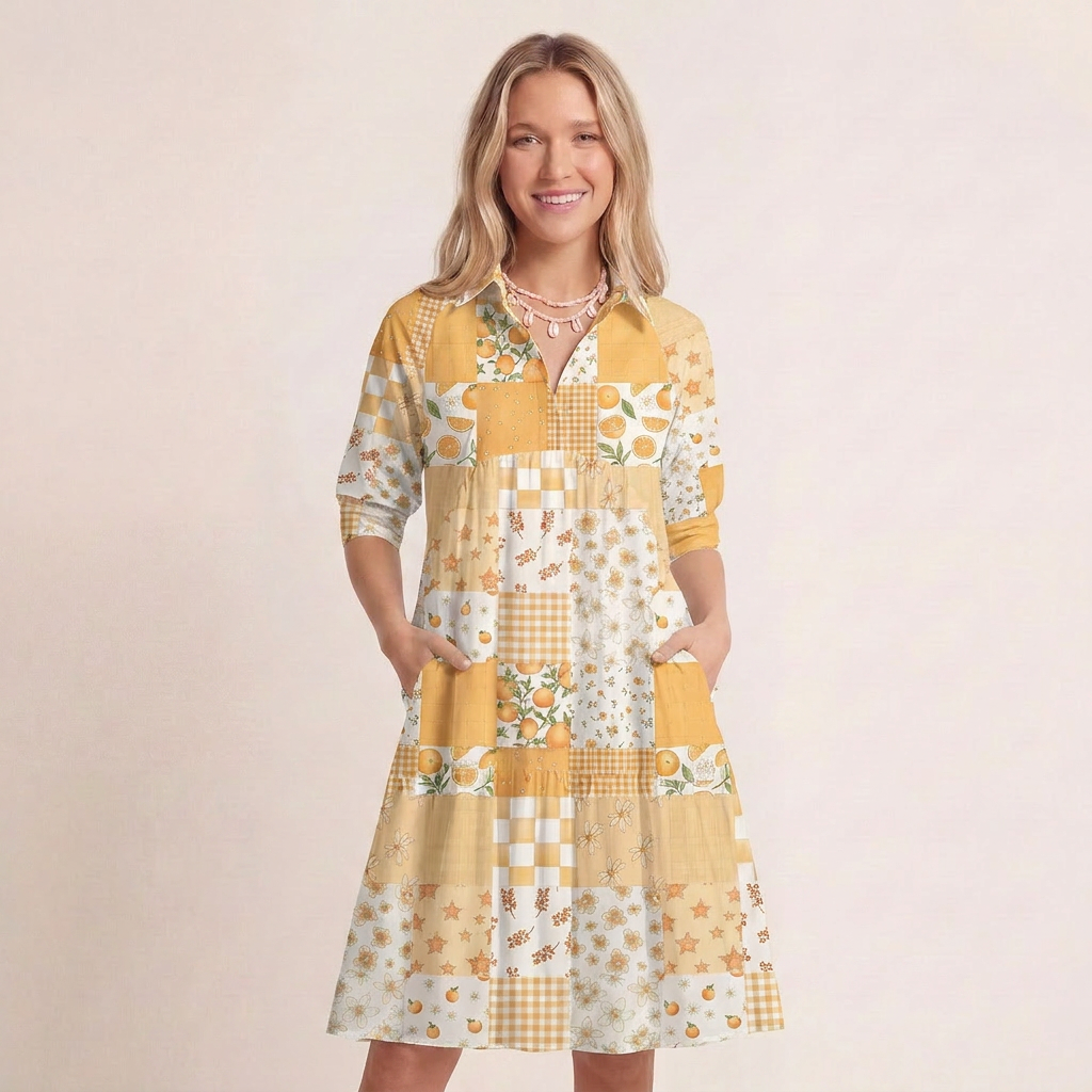 V Neck Collared Lemon Sunshine Patchwork Mini Dress For Women With Pockets