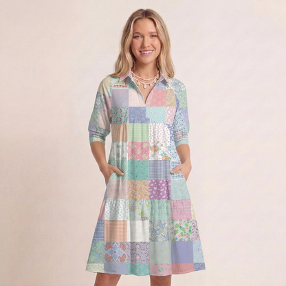 V Neck Collared Vintage Quilt Patchwork Mini Dress For Women With Pockets