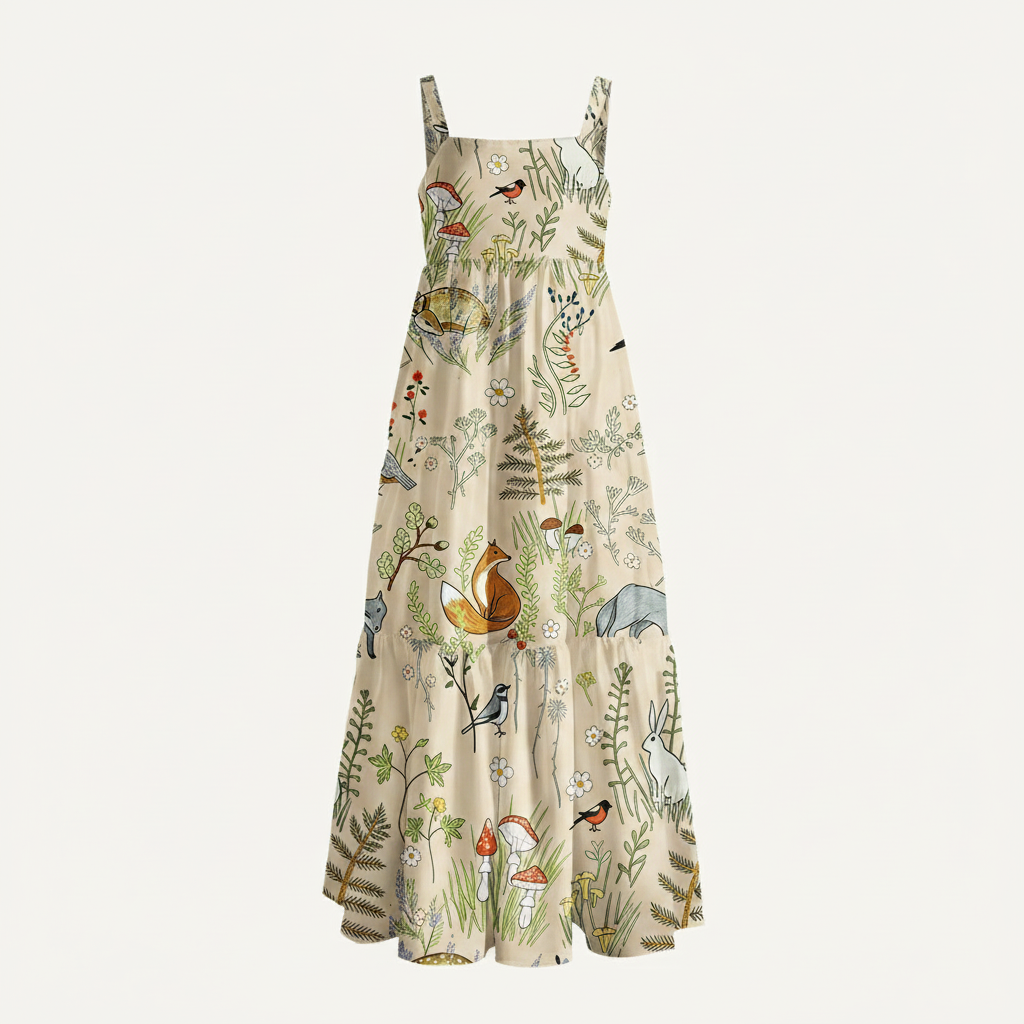 Whimsical Woodland Animals Print Wide Straps Maxi Dress With Pockets