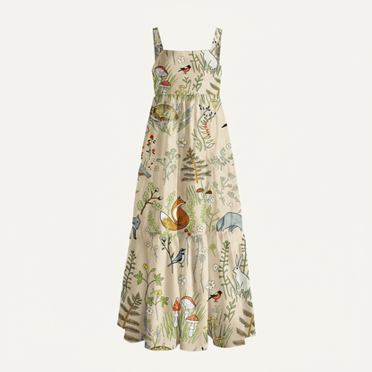 Whimsical Woodland Animals Print Wide Straps Maxi Dress With Pockets