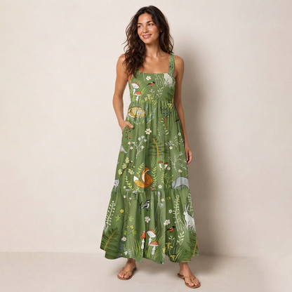 Whimsical Woodland Animals Print Wide Straps Maxi Dress With Pockets