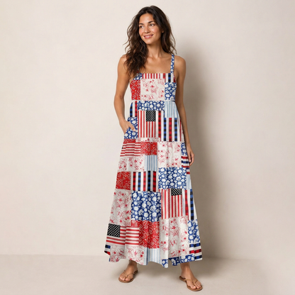 Patriotic Patchwork Quilt Wide Straps Maxi Dress With Pockets