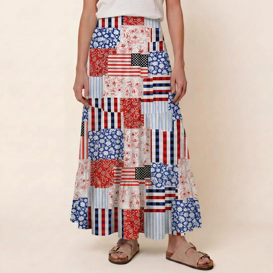 Patriotic Patchwork Quilt Print Convertible Maxi Skirt & Strapless Dress