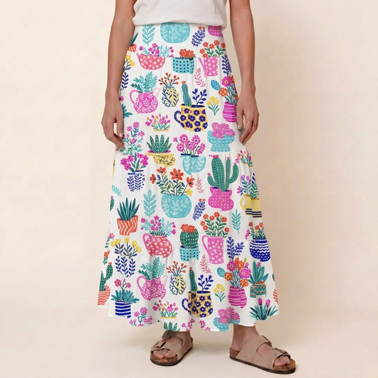 Cactus and Flowers Print Convertible Maxi Skirt & Strapless Dress
