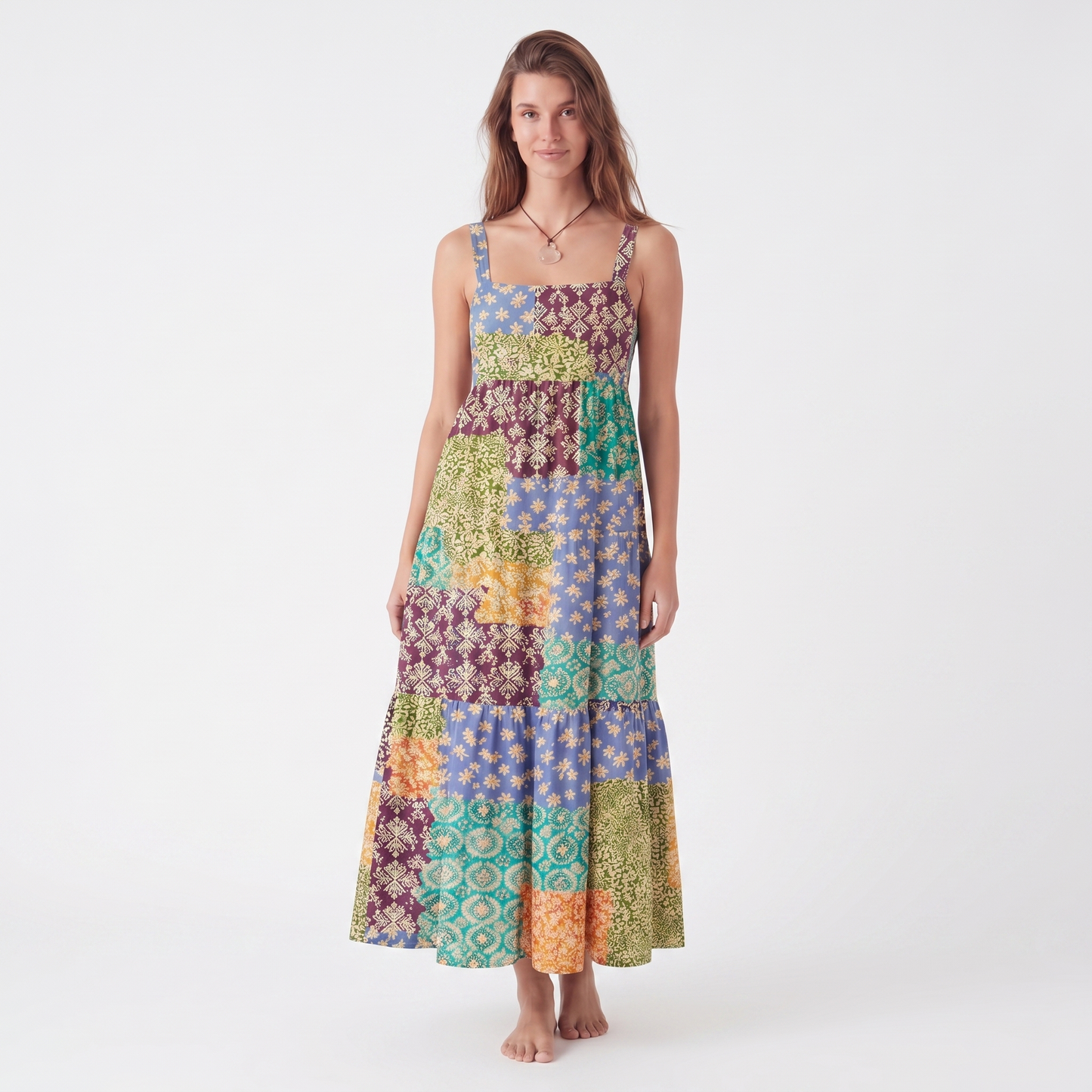 Vintage Patchwork Print Wide Straps Maxi Dress With Pockets