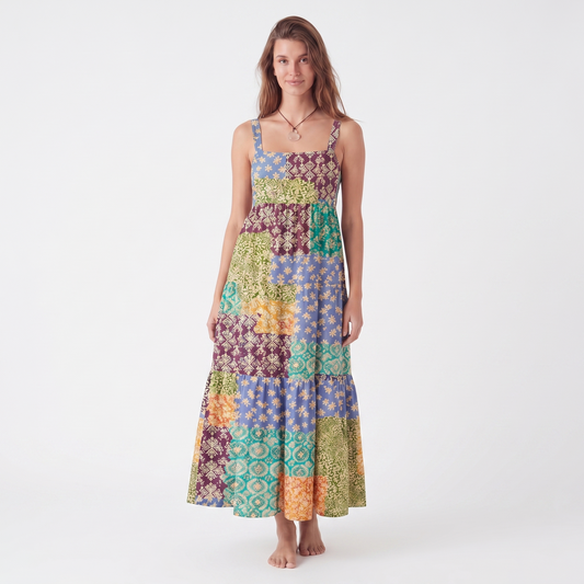 Vintage Patchwork Print Wide Straps Maxi Dress With Pockets