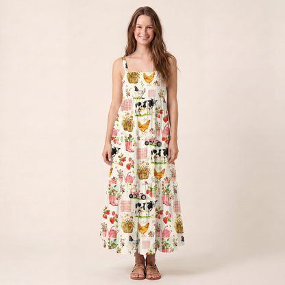 Watercolor Pink Farm Chicken Cow Print Wide Straps Maxi Dress With Pockets