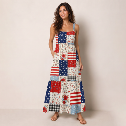 Flower Americana Patchwork Print Wide Straps Maxi Dress With Pockets