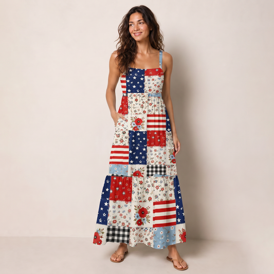 Flower Americana Patchwork Print Wide Straps Maxi Dress With Pockets