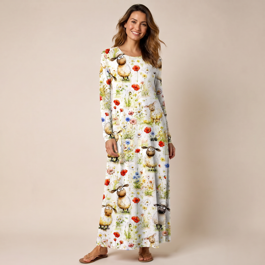 Whimsical Sheep Clipart Print Soft-Touch Stretch Knit Long Sleeve Maxi Dress with Pockets