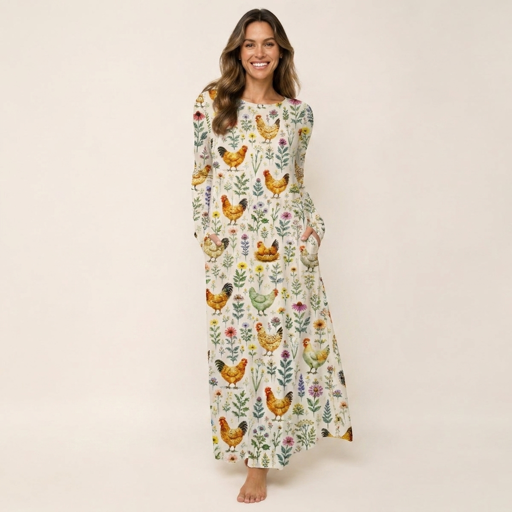 Watercolor Chickens Leaves Print Soft-Touch Stretch Knit Long Sleeve Maxi Dress with Pockets