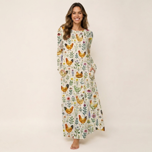Watercolor Chickens Leaves Print Soft-Touch Stretch Knit Long Sleeve Maxi Dress with Pockets